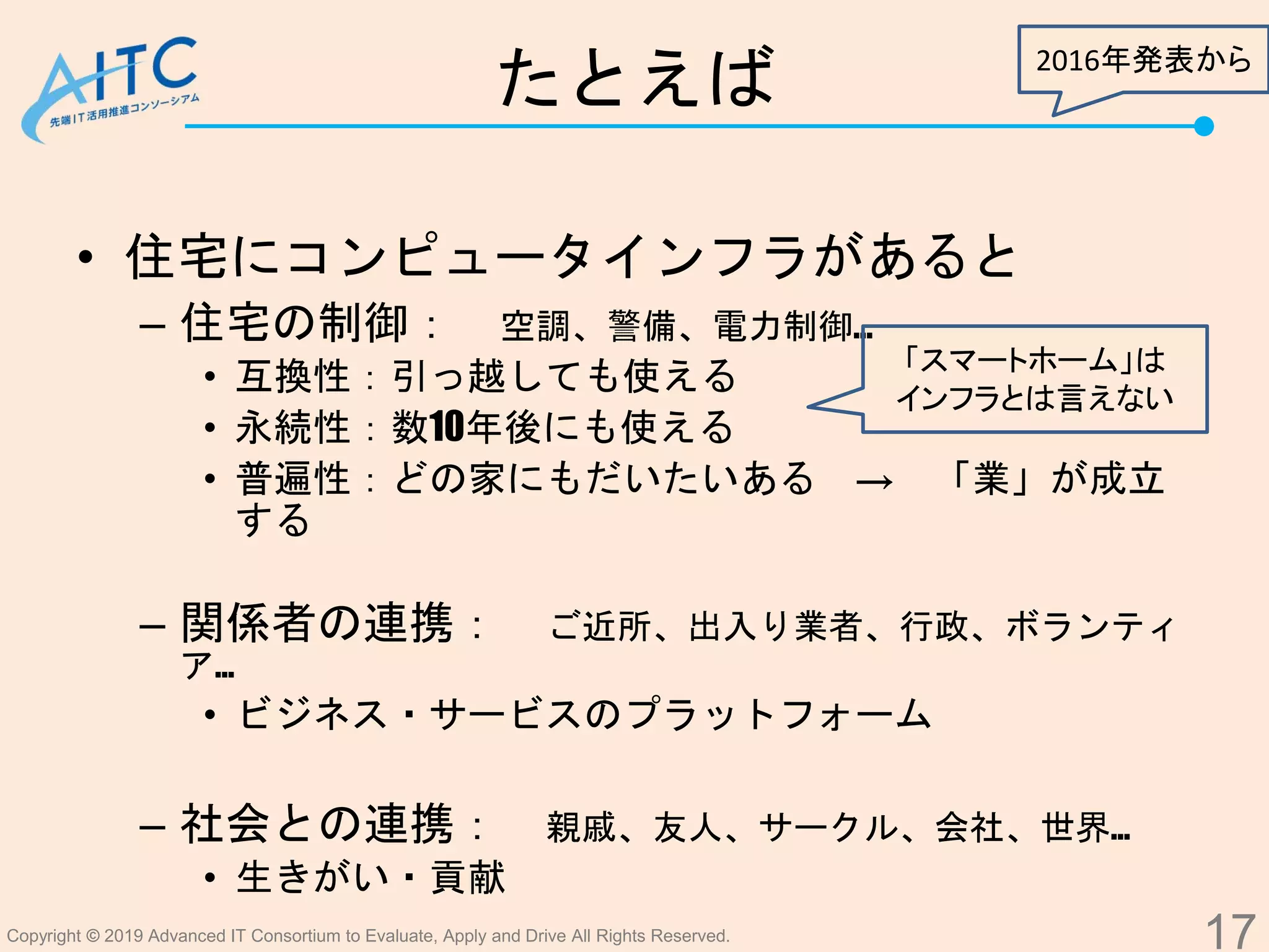 Copyright © 2019 Advanced IT Consortium to Evaluate, Apply and Drive All Rights Reserved.
たとえば
• 住宅にコンピュータインフラがあると
– 住宅の制御： 空調、警備、電力制御…
• 互換性：引っ越しても使える
• 永続性：数10年後にも使える
• 普遍性：どの家にもだいたいある → 「業」が成立
する
– 関係者の連携： ご近所、出入り業者、行政、ボランティ
ア…
• ビジネス・サービスのプラットフォーム
– 社会との連携： 親戚、友人、サークル、会社、世界…
• 生きがい・貢献
17
2016年発表から
「スマートホーム」は
インフラとは言えない
 