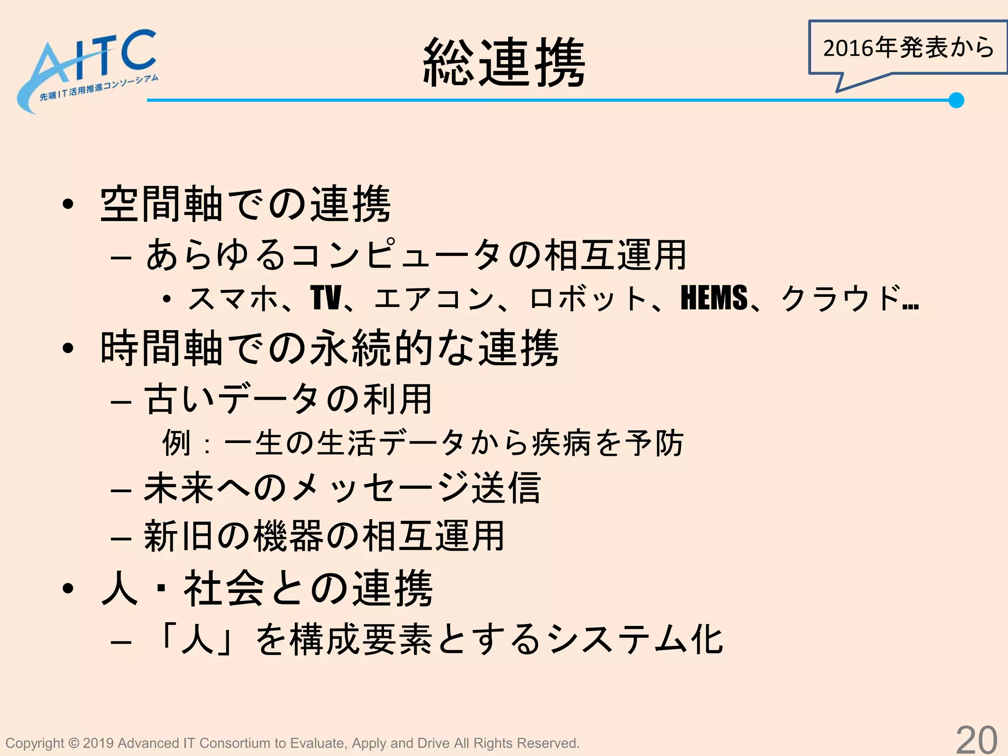 Copyright © 2019 Advanced IT Consortium to Evaluate, Apply and Drive All Rights Reserved.
総連携
• 空間軸での連携
– あらゆるコンピュータの相互運用
• スマホ、TV、エアコン、ロボット、HEMS、クラウド…
• 時間軸での永続的な連携
– 古いデータの利用
例：一生の生活データから疾病を予防
– 未来へのメッセージ送信
– 新旧の機器の相互運用
• 人・社会との連携
– 「人」を構成要素とするシステム化
20
2016年発表から
 