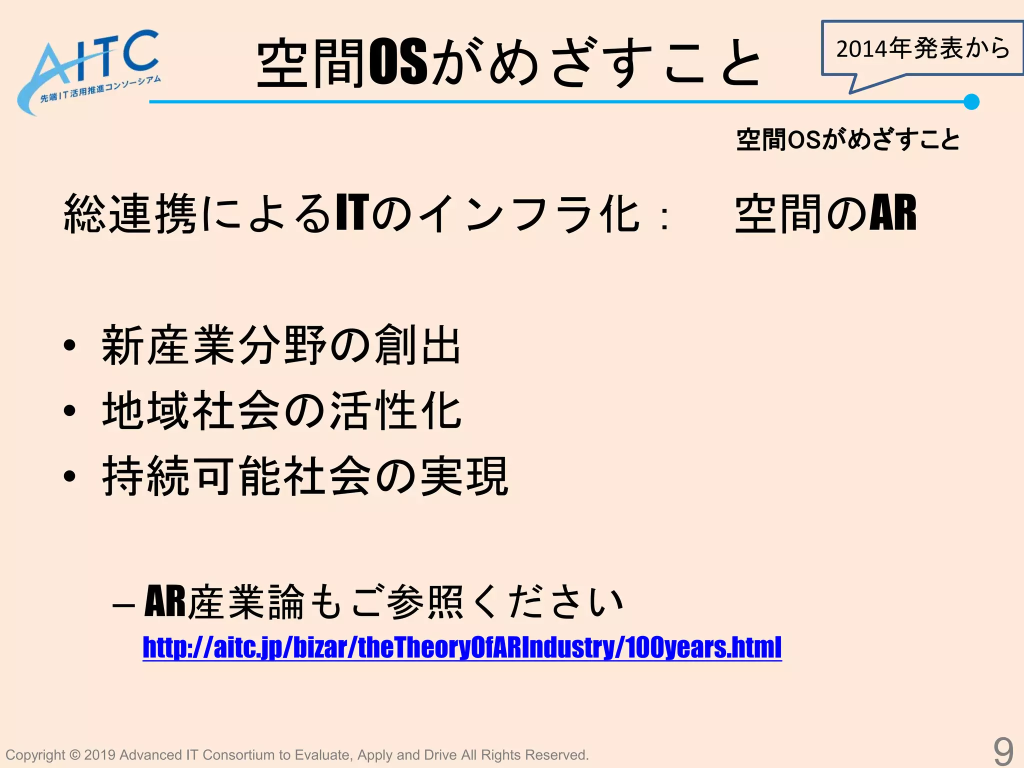 Copyright © 2019 Advanced IT Consortium to Evaluate, Apply and Drive All Rights Reserved.
空間OSがめざすこと
総連携によるITのインフラ化： 空間のAR
• 新産業分野の創出
• 地域社会の活性化
• 持続可能社会の実現
– AR産業論もご参照ください
http://aitc.jp/bizar/theTheoryOfARIndustry/100years.html
9
空間OSがめざすこと
2014年発表から
 