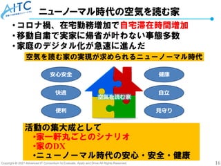 Copyright © 2021 Advanced IT Consortium to Evaluate, Apply and Drive All Rights Reserved. 16
ニューノーマル時代の空気を読む家
• コロナ禍、在宅勤務増加で自宅滞在時間増加
• 移動自粛で実家に帰省が叶わない事態多数
• 家庭のデジタル化が急速に進んだ
空気を読む家の実現が求められるニューノーマル時代
安心安全
快適
便利
健康
自立
見守り
空気を読む家
活動の集大成として
•家一軒丸ごとのシナリオ
•家のDX
•ニューノーマル時代の安心・安全・健康
 