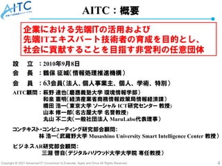 Copyright © 2021 Advanced IT Consortium to Evaluate, Apply and Drive All Rights Reserved. 4
AITC：概要
設 立 ： 2010年9月8日
会 長 ： 鶴保 征城（情報処理推進機構）
会 員 ： 63会員（法人、個人事業主、 個人、 学術、 特別）
AITC顧問 ： 萩野 達也（慶應義塾大学 環境情報学部）
和泉 憲明（経済産業省商務情報政策局情報経済課）
橋田 浩一（東京大学 ソーシャル ICT研究センター 教授)
山本 修一郎（名古屋大学 名誉教授)
丸山 不二夫（一般社団法人 MaruLabo代表理事）
コンテキスト・コンピューティング研究部会顧問：
林 浩一（武蔵野大学 Musashino University Smart Intelligence Center 教授）
ビジネスAR研究部会顧問：
三淵 啓自（デジタルハリウッド大学大学院 専任教授）
企業における先端ITの活用および
先端ITエキスパート技術者の育成を目的とし、
社会に貢献することを目指す非営利の任意団体
 