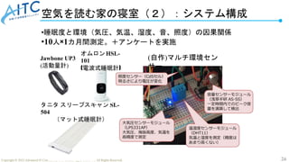26
Copyright © 2022 Advanced IT Community to Evaluate, Apply and Drive All Rights Reserved.
空気を読む家の寝室（２）：システム構成
•睡眠度と環境（気圧、気温、湿度、音、照度）の因果関係
•10人×1カ月間測定。＋アンケートを実施
Jawbone UP3
(活動量計)
タニタ スリープスキャン SL-
504
（マット式睡眠計）
オムロン HSL-
101
(電波式睡眠計)
(自作)マルチ環境セン
サー
 