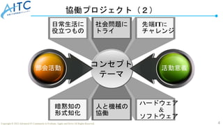 4
Copyright © 2022 Advanced IT Community to Evaluate, Apply and Drive All Rights Reserved.
協働プロジェクト（２）
日常生活に
役立つもの
人と機械の
協働
暗黙知の
形式知化
社会問題に
トライ
ハードウェア
&
ソフトウェア
コンセプト
テーマ
部会活動 活動意義
先端ITに
チャレンジ
 