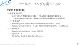 Copyright © 2023 Advanced IT Consortium to Evaluate, Apply and Drive All Rights Reserved.
ウェルビーイングを測ってみた
• 「空気を読む家」
– 顔色をうかがう
• カメラを使って表情の変化や行動、バイタル情報を動画像で推定する
– 過去にOpenPose等を用いて骨格検出は実施済み (身体動作からの感情推定)
– ハードウェア
• Raspberry Pi 4B (Cortex-A72(ARM v8) 64bit @1.5GHzx4 / 8GB)
• Raspberry Pi カメラモジュール V2.1 (SONY iMX219PQ 8MPix / Fixed focus)
– ソフトウェア
• Raspberry Pi OS (buster / Linux 5.15.50)
• Python 3.7.3
• MediaPipe (0.8.9.1)、OpenCV(4.5.5.64）、…
11
 