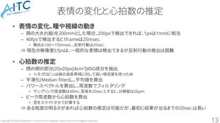 Copyright © 2023 Advanced IT Consortium to Evaluate, Apply and Drive All Rights Reserved.
表情の変化と心拍数の推定
• 表情の変化、瞳や視線の動き
– 顔の大きさ(縦)を200mmとした場合、200pxで検出できれば、1pxは1mmに相当
– 40fpsで検出すると1frameは25msec.
• 瞬きは100～150msec.、反射行動は20sec.
⇒ 現在の解像度とfpsは、一般的な表情は検出できるが反射行動の検出は困難
• 心拍数の推定
– 顔の頬の部分(20x20px[4cm2])のG成分を抽出
• ヘモグロビンは緑の波長帯域に対して高い吸収度を持つため
– 平滑化(Median filter)し、平均値を算出
– パワースペクトルを算出し、周波数でフィルタリング
• サンプリング周波数は40Hz、窓長を20sec.とすると、分解能は2bpm
– ピーク周波数から心拍数を算出
• 窓をスライドさせて計算する
⇒ ある程度の明るさがあれば心拍数の推定は可能だが、最初に結果が出るまでの20sec.は長い
13
 