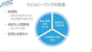 Copyright © 2023 Advanced IT Consortium to Evaluate, Apply and Drive All Rights Reserved.
ウェルビーイングの促進
7
意識変化
行動変容
状態維持・持続
回復
観測・観察
発見
気づき
• 自律性
– 変化させるのではなく、
自らの意思で変化する
• 良好な人間関係
– 思いやり、共感
• 世界との関わり
 