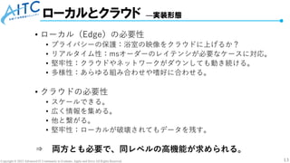 Copyright © 2023 Advanced IT Community to Evaluate, Apply and Drive All Rights Reserved. 13
ローカルとクラウド ―実装形態
• ローカル（Edge）の必...