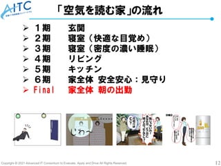 Copyright © 2021 Advanced IT Consortium to Evaluate, Apply and Drive All Rights Reserved. 12
「空気を読む家」の流れ
➢ １期 玄関
➢ ２期 寝室（快適な目覚め）
➢ ３期 寝室（密度の濃い睡眠）
➢ ４期 リビング
➢ ５期 キッチン
➢ ６期 家全体 安全安心：見守り
➢ Final 家全体 朝の出勤
 