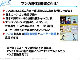 Copyright © 2021 Advanced IT Consortium to Evaluate, Apply and Drive All Rights Reserved. 4
マンガ駆動開発の狙い
◆マンガはほとんどの方が一度は読んだことがあり親しみがある
◆日本のマンガは表現が豊か
◆日本が誇るマンガの技術を使わないのは損
◆マンガ（イメージ）が描けるということは、
対象のサービスや製品のユーザー、使う環境、
ユーザーの考え方が準備されたということ
◆マンガを見れば関係者全員がユーザー経験を
意識できる
皆が使えるよう、マンガを描くための準備、
マンガを描いた後の開発についてまとめてみたものが
マンガ駆動開発です
 