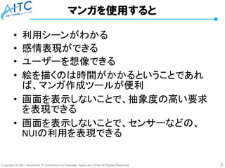 Copyright © 2021 Advanced IT Consortium to Evaluate, Apply and Drive All Rights Reserved. 5
マンガを使用すると
• 利用シーンがわかる
• 感情表現ができる
• ユーザーを想像できる
• 絵を描くのは時間がかかるということであれ
ば、マンガ作成ツールが便利
• 画面を表示しないことで、抽象度の高い要求
を表現できる
• 画面を表示しないことで、センサーなどの、
NUIの利用を表現できる
 