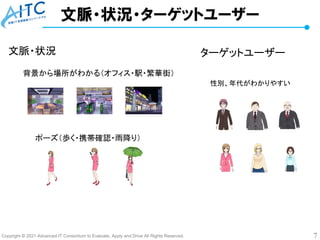 Copyright © 2021 Advanced IT Consortium to Evaluate, Apply and Drive All Rights Reserved. 7
ポーズ（歩く・携帯確認・雨降り）
文脈・状況
背景から場所がわかる（オフィス・駅・繁華街）
性別、年代がわかりやすい
ターゲットユーザー
文脈・状況・ターゲットユーザー
 