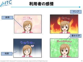 Copyright © 2021 Advanced IT Consortium to Evaluate, Apply and Drive All Rights Reserved. 9
利用者の感情
書き文字
背景
表情
マンプ
 