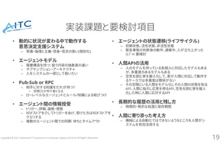 Copyright © 2021 Advanced IT Consortium to Evaluate, Apply and Drive All Rights Reserved.
実装課題と要検討項目
• 動的に状況が変わる中で動作する
意思決定支援システム
– 常識・倫理と主義・信条・信念の扱い(個別化)
• エージェントモデル
– 階層構造を持つ: 扱う内容の抽象度の違い
– サブサンプション・アーキテクチャ
– 人をシステムの一部として扱いたい
• Pub-Sub or RPC
– 相手に対する知識をだれが持つ?
• 空間OSが仲介者となる
– ローレベルなエージェントとルール/知識による結びつけ
• エージェント間の情報授受
– トリガー、詳細、論拠・根拠
– RDFストアを介してトリガーをあげ、受けた方はRDFストアを
クエリする
– 複数のエージェント間での同期: 待ちとタイムアウト
19
• エージェントの状態遷移(ライフサイクル)
– 初期状態、活性状態、非活性状態
– 緊急事態の判断後の動作、通報中、人が立ち上がった
ら？ ⇒ 要検討
• 人間APIの活用
– 人のモデルを持っている各個人に対応したモデルもある
が、多重度のあるモデルもある
– 空気を読む家を擬人化して、家が人間に対応して動作す
るケースでは多重度は関係がない
– その空間にいる人間をモデル化しその人間の状態を知る
API、人間に指示し応答を得るAPI、空気を読む家を擬人
化した時に人間に応対するAPI
• 長期的な履歴の活用と残し方
– 時間的・質的な粒度と保存期間
• 人間に寄り添った考え方
– 機械による自動化ではできないようなところを人間がシ
ステムを有効活用する
 