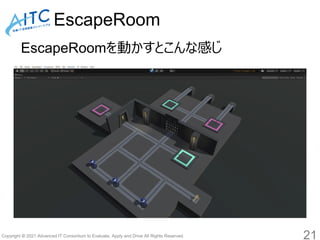 Copyright © 2021 Advanced IT Consortium to Evaluate, Apply and Drive All Rights Reserved.
EscapeRoom
EscapeRoomを動かすとこんな感じ
21
 