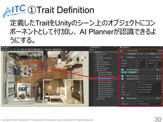 Copyright © 2021 Advanced IT Consortium to Evaluate, Apply and Drive All Rights Reserved.
①Trait Definition
定義したTraitをUnityのシーン上のオブジェクトにコン
ポーネントとして付加し、 AI Plannerが認識できるよ
うにする。
30
 