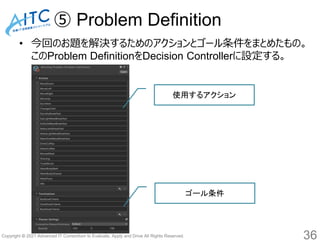 Copyright © 2021 Advanced IT Consortium to Evaluate, Apply and Drive All Rights Reserved.
⑤ Problem Definition
• 今回のお題を解決するためのアクションとゴール条件をまとめたもの。
このProblem DefinitionをDecision Controllerに設定する。
36
使用するアクション
ゴール条件
 