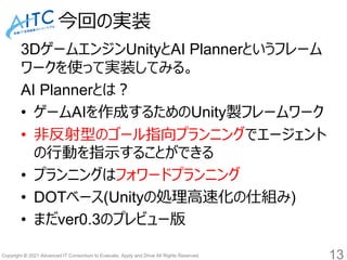 Copyright © 2021 Advanced IT Consortium to Evaluate, Apply and Drive All Rights Reserved.
今回の実装
3DゲームエンジンUnityとAI Plannerと...