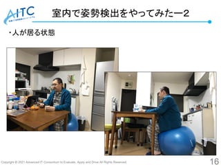 Copyright © 2021 Advanced IT Consortium to Evaluate, Apply and Drive All Rights Reserved.
室内で姿勢検出をやってみたー２
・人が居る状態
16
 