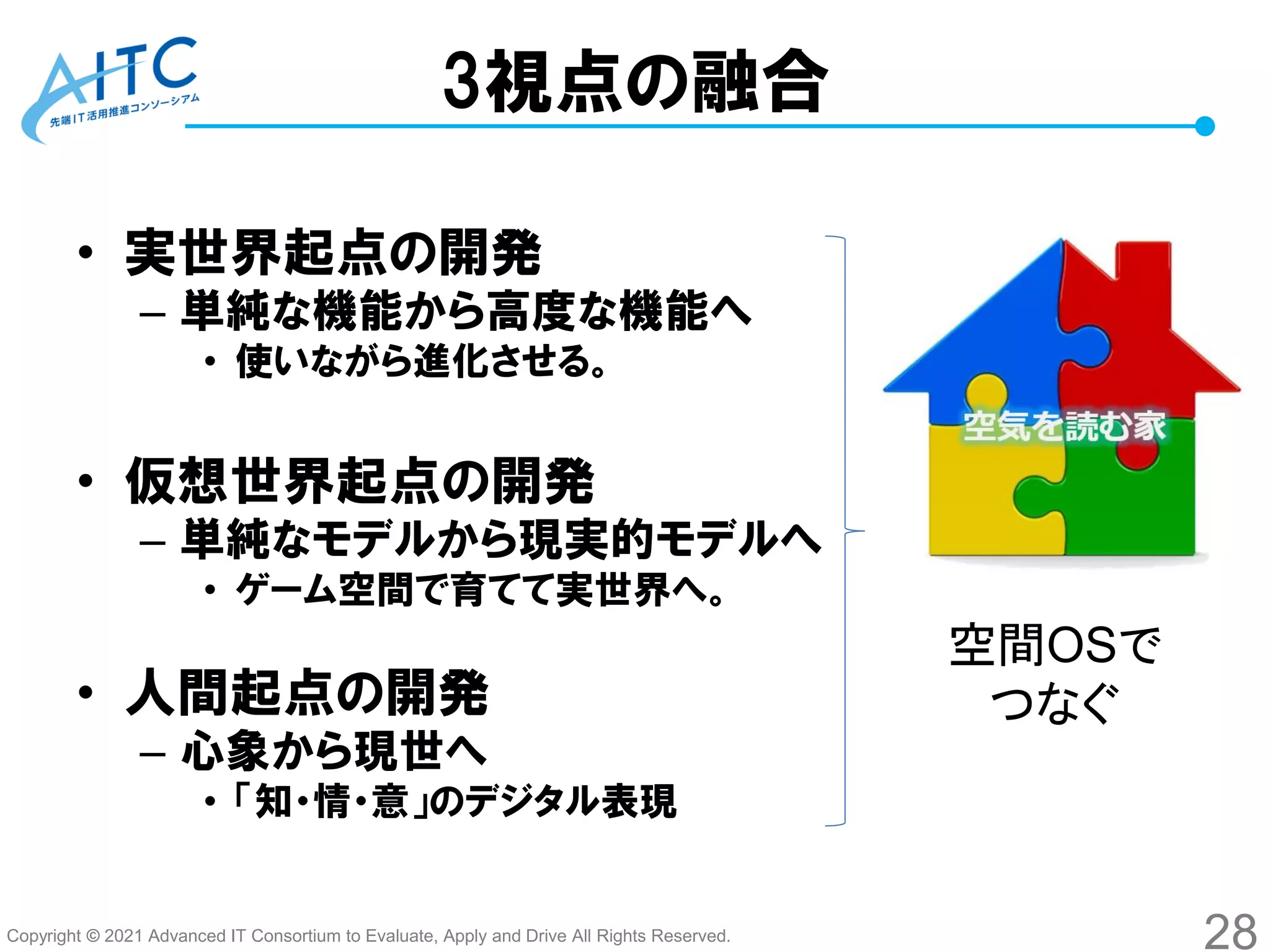 Copyright © 2021 Advanced IT Consortium to Evaluate, Apply and Drive All Rights Reserved.
3視点の融合
• 実世界起点の開発
– 単純な機能から高度な機能へ
• 使いながら進化させる。
• 仮想世界起点の開発
– 単純なモデルから現実的モデルへ
• ゲーム空間で育てて実世界へ。
• 人間起点の開発
– 心象から現世へ
• 「知・情・意」のデジタル表現
28
空間OSで
つなぐ
 