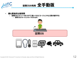 Copyright © 2021 Advanced IT Consortium to Evaluate, Apply and Drive All Rights Reserved.
空間OSの利用 全手動版
• 最も原始的な使用例
– 空間OSにコンソールをつけて（低レベルな）エージェントを人間が操作する
• 空間OSはリモートコントローラのかたまり
12
空間OS
 