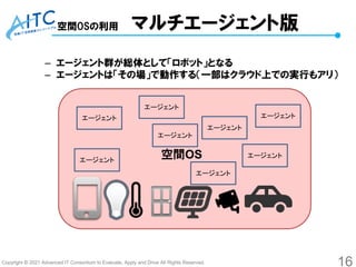 Copyright © 2021 Advanced IT Consortium to Evaluate, Apply and Drive All Rights Reserved.
空間OSの利用 マルチエージェント版
– エージェント群が総体として「ロボット」となる
– エージェントは「その場」で動作する（一部はクラウド上での実行もアリ）
16
空間OS
エージェント
エージェント
エージェント
エージェント
エージェント
エージェント
エージェント
エージェント
 