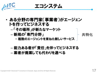 Copyright © 2021 Advanced IT Consortium to Evaluate, Apply and Drive All Rights Reserved.
エコシステム
• ある分野の専門家（事業者）がエージェン
トを作ってビジネスする
– 「その場所」が新たなマーケット
– 新規の「専門分野」
• 複数のエージェントを束ねた新しいサービス
– 能力ある者が「責任」を伴ってビジネスする
– 業者が廃業しても代わりを選べる
17
共特化
 