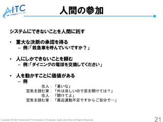Copyright © 2021 Advanced IT Consortium to Evaluate, Apply and Drive All Rights Reserved.
人間の参加
システムにできないことを人間に託す
• 重大な決断の承認を得る
– 例：「救急車を呼んでいいですか？」
• 人にしかできないことを頼む
– 例：「ダイニングの電球を交換してください」
• 人を動かすことに価値がある
– 例
住人：「暑いな」
空気を読む家：「外は涼しいので窓を開けては？」
住人：「開けてよ」
空気を読む家：「最近運動不足ですからご自分で…」
21
 