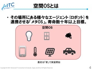 Copyright © 2021 Advanced IT Consortium to Evaluate, Apply and Drive All Rights Reserved.
空間OSとは
• その場所にある様々なエージェント(ロボット)を
連携させる「メタOS」。寿命数十年以上目標。
4
空間OS
最初は「家」で実装開始
 