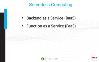Serverless Computing
• Backend as a Service (BaaS)
• Function as a Service (FaaS)
 