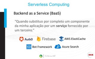 Serverless Computing
Backend as a Service (BaaS)
Bot Framework
AWS ElastiCache
Azure Search
“Quando substituo por completo um componente
da minha aplicação por um serviço fornecido por
um terceiro.”
 