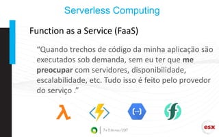 Function as a Service (FaaS)
Serverless Computing
“Quando trechos de código da minha aplicação são
executados sob demanda, sem eu ter que me
preocupar com servidores, disponibilidade,
escalabilidade, etc. Tudo isso é feito pelo provedor
do serviço .”
 