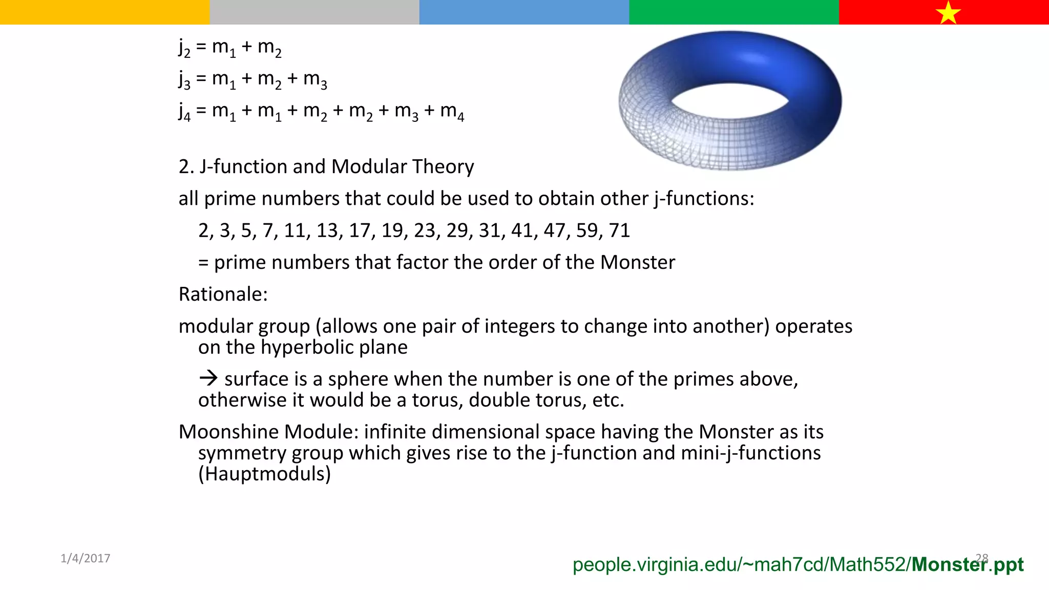 j2 = m1 + m2
j3 = m1 + m2 + m3
j4 = m1 + m1 + m2 + m2 + m3 + m4
2. J-function and Modular Theory
all prime numbers that could be used to obtain other j-functions:
2, 3, 5, 7, 11, 13, 17, 19, 23, 29, 31, 41, 47, 59, 71
= prime numbers that factor the order of the Monster
Rationale:
modular group (allows one pair of integers to change into another) operates
on the hyperbolic plane
 surface is a sphere when the number is one of the primes above,
otherwise it would be a torus, double torus, etc.
Moonshine Module: infinite dimensional space having the Monster as its
symmetry group which gives rise to the j-function and mini-j-functions
(Hauptmoduls)
people.virginia.edu/~mah7cd/Math552/Monster.ppt1/4/2017 28
 