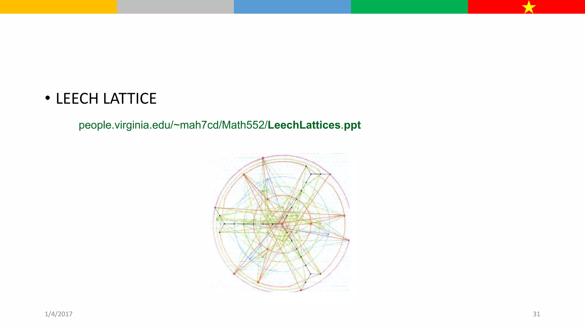 • LEECH LATTICE
people.virginia.edu/~mah7cd/Math552/LeechLattices.ppt
1/4/2017 31
 
