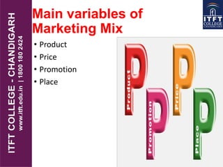 Main variables of
Marketing Mix
• Product
• Price
• Promotion
• Place
 