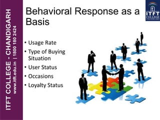 Behavioral Response as a
Basis
• Usage Rate
• Type of Buying
Situation
• User Status
• Occasions
• Loyalty Status
 