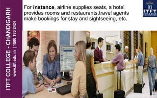 For instance, airline supplies seats, a hotel
provides rooms and restaurants,travel agents
make bookings for stay and sightseeing, etc.
 