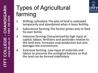 Types of Agricultural
farming
1. Shifting cultivation-The plot of land is cultivated
temporarily and abandoned when it los...