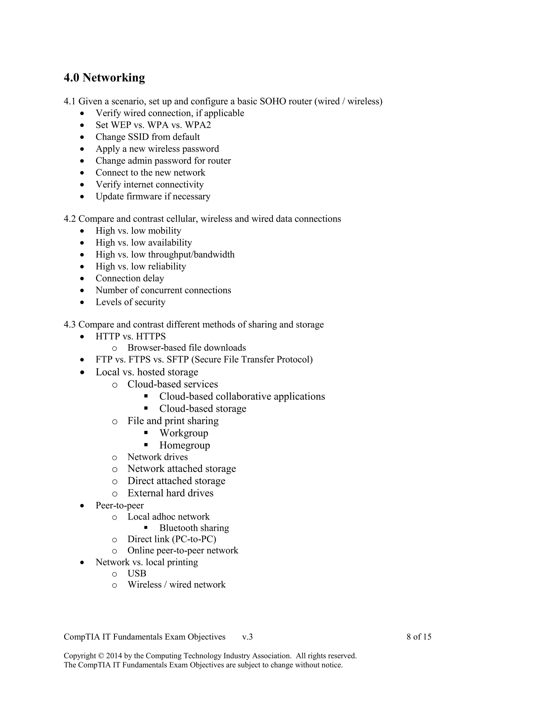 CompTIA IT Fundamentals Exam Objectives v.3 8 of 15
Copyright © 2014 by the Computing Technology Industry Association. All rights reserved.
The CompTIA IT Fundamentals Exam Objectives are subject to change without notice.
4.0 Networking
4.1 Given a scenario, set up and configure a basic SOHO router (wired / wireless)
 Verify wired connection, if applicable
 Set WEP vs. WPA vs. WPA2
 Change SSID from default
 Apply a new wireless password
 Change admin password for router
 Connect to the new network
 Verify internet connectivity
 Update firmware if necessary
4.2 Compare and contrast cellular, wireless and wired data connections
 High vs. low mobility
 High vs. low availability
 High vs. low throughput/bandwidth
 High vs. low reliability
 Connection delay
 Number of concurrent connections
 Levels of security
4.3 Compare and contrast different methods of sharing and storage
 HTTP vs. HTTPS
o Browser-based file downloads
 FTP vs. FTPS vs. SFTP (Secure File Transfer Protocol)
 Local vs. hosted storage
o Cloud-based services
 Cloud-based collaborative applications
 Cloud-based storage
o File and print sharing
 Workgroup
 Homegroup
o Network drives
o Network attached storage
o Direct attached storage
o External hard drives
 Peer-to-peer
o Local adhoc network
 Bluetooth sharing
o Direct link (PC-to-PC)
o Online peer-to-peer network
 Network vs. local printing
o USB
o Wireless / wired network
 
