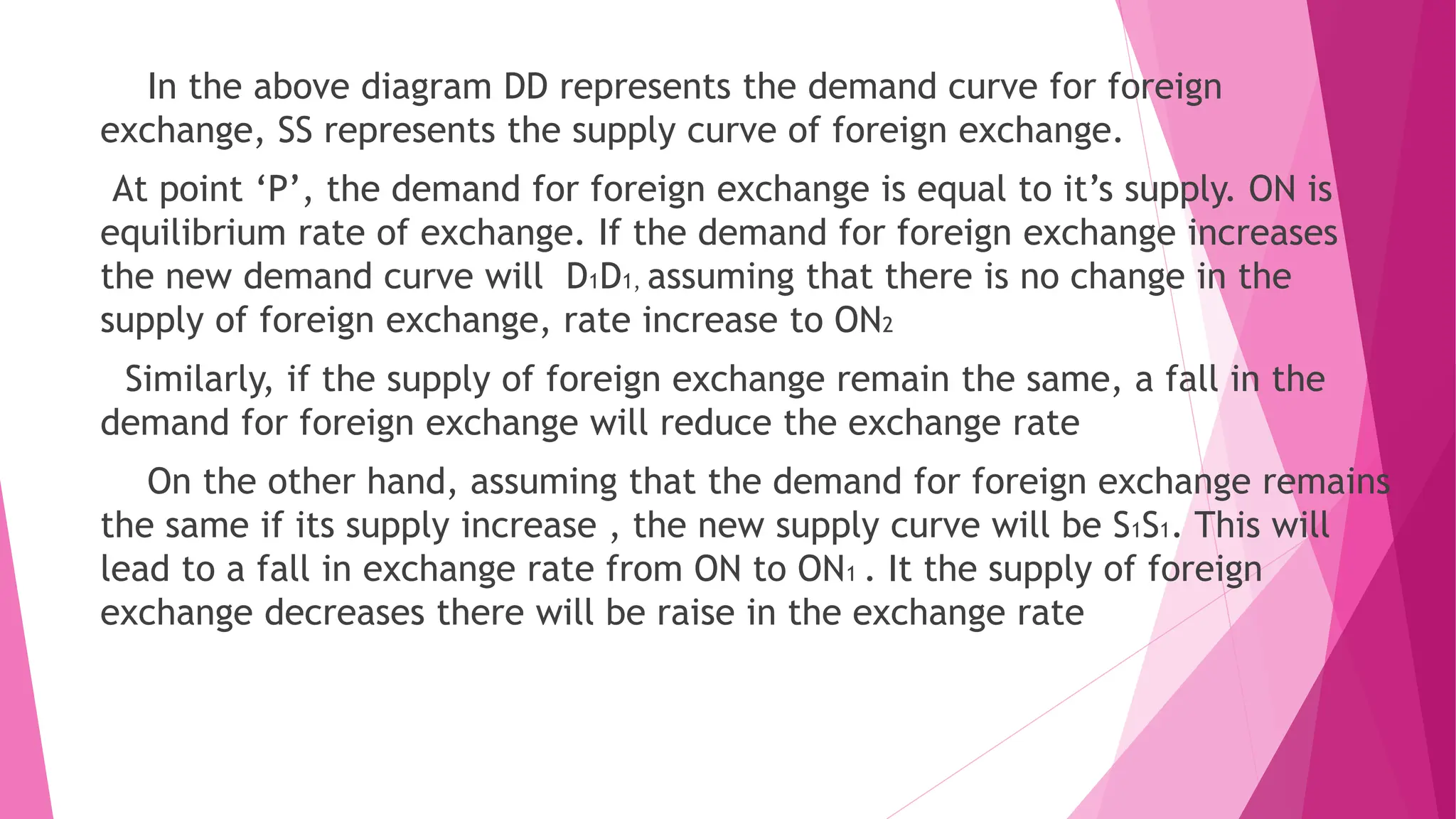 In the above diagram DD represents the demand curve for foreign
exchange, SS represents the supply curve of foreign exchange.
At point ‘P’, the demand for foreign exchange is equal to it’s supply. ON is
equilibrium rate of exchange. If the demand for foreign exchange increases
the new demand curve will D1D1, assuming that there is no change in the
supply of foreign exchange, rate increase to ON2
Similarly, if the supply of foreign exchange remain the same, a fall in the
demand for foreign exchange will reduce the exchange rate
On the other hand, assuming that the demand for foreign exchange remains
the same if its supply increase , the new supply curve will be S1S1. This will
lead to a fall in exchange rate from ON to ON1 . It the supply of foreign
exchange decreases there will be raise in the exchange rate
 