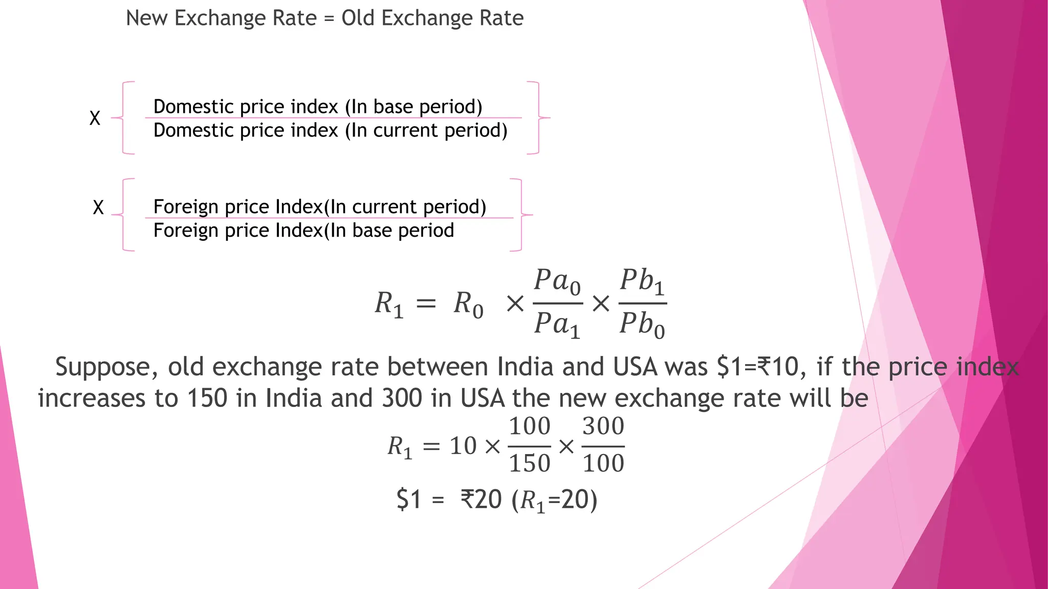 New Exchange Rate = Old Exchange Rate
𝑅1 = 𝑅0 ×
𝑃𝑎0
𝑃𝑎1
×
𝑃𝑏1
𝑃𝑏0
Suppose, old exchange rate between India and USA was $1=₹10, if the price index
increases to 150 in India and 300 in USA the new exchange rate will be
𝑅1 = 10 ×
100
150
×
300
100
$1 = ₹20 (𝑅1=20)
Domestic price index (In base period)
Domestic price index (In current period)
X
X Foreign price Index(In current period)
Foreign price Index(In base period
 