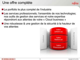 Une offre complète
 Le portfolio le plus complet de l‟industrie
 Les services professionnels; l‟ensemble de nos technologies;
  nos outils de gestion des services et notre expertise
  répondront aux attentes de votre « Cloud business »
 Une robustesse & une gestion de la sécurité à la hauteur de
  vos attentes




 INTERNAL USE ONLY             15                      Copyright 2012 FUJITSU
 