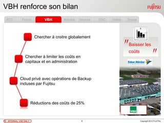 VBH renforce son bilan
RTT         Frucor          VBH      Kendox   Verpura   ITAC   Unilab   Toyota




                      Chercher à croitre globalement
                                                                        Baisser les
                                                                        coûts
              Chercher à limiter les coûts en
              capitaux et en administration



          Cloud privé avec opérations de Backup
          incluses par Fujitsu



                     Réductions des coûts de 25%



 INTERNAL USE ONLY                              8                                Copyright 2012 FUJITSU
 