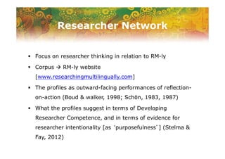 Researcher Network
Focus on researcher thinking in relation to RM-ly
Corpus RM-ly website
[www.researchingmultilingually.c...