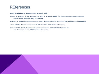 REferences
Bruner J (2004) Life as Narrative. Social Research, 71 (3).
     , .,
Joinson, A., McKenna, K. Y A., Postm es, T., & Reips, U.-D . (Ed s.). (2007). The Oxfor Handbook of Int netPsychol
                            .                                                          d              er         ogy.
      O xford : O xford University Press., C hapter 1 2.
McAd am s, D . (2001 ). The psychology of life stories. Review of General Psychol
                                                                                ogy, 5(2), 1 00-1 22. d oi: 1 089-2680/01
 Rose, F (2011 ). Art of Im m ersion. (pp. 36-37). N ew Y
        .                                                ork: W.W. N orton & C om pany.
Stelter B. (201 0, O ct 9). C am paign offers help to gay youths. New Yor Times. Retrieved from :
      ,                                                                  k
      http:/ www.nytim es.com / 0/ 0/ 9/ 1 9vid eo.htm l
            /                     201 1 1 us/
 