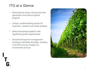 SubtitleSubtitle
ITG at a Glance
8
• Solid balance sheet, strong cash flow
generation and active buyback
program
• Unique, market-leading assets for
execution, research and trade analysis
• Solid international platform with
significant growth opportunities
• Disciplined expense management
increases operating leverage, resulting
in 40-50% pre-tax margins on
incremental revenue
 