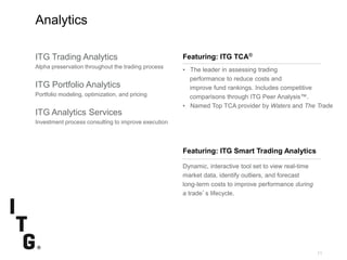 SubtitleSubtitle
11
Analytics
Featuring: ITG TCA®
• The leader in assessing trading
performance to reduce costs and
improve fund rankings. Includes competitive
comparisons through ITG Peer Analysis™.
• Named Top TCA provider by Waters and The Trade
ITG Trading Analytics
Alpha preservation throughout the trading process
ITG Portfolio Analytics
Portfolio modeling, optimization, and pricing
ITG Analytics Services
Investment process consulting to improve execution
Dynamic, interactive tool set to view real-time
market data, identify outliers, and forecast
long-term costs to improve performance during
a trade’s lifecycle.
Featuring: ITG Smart Trading Analytics
 