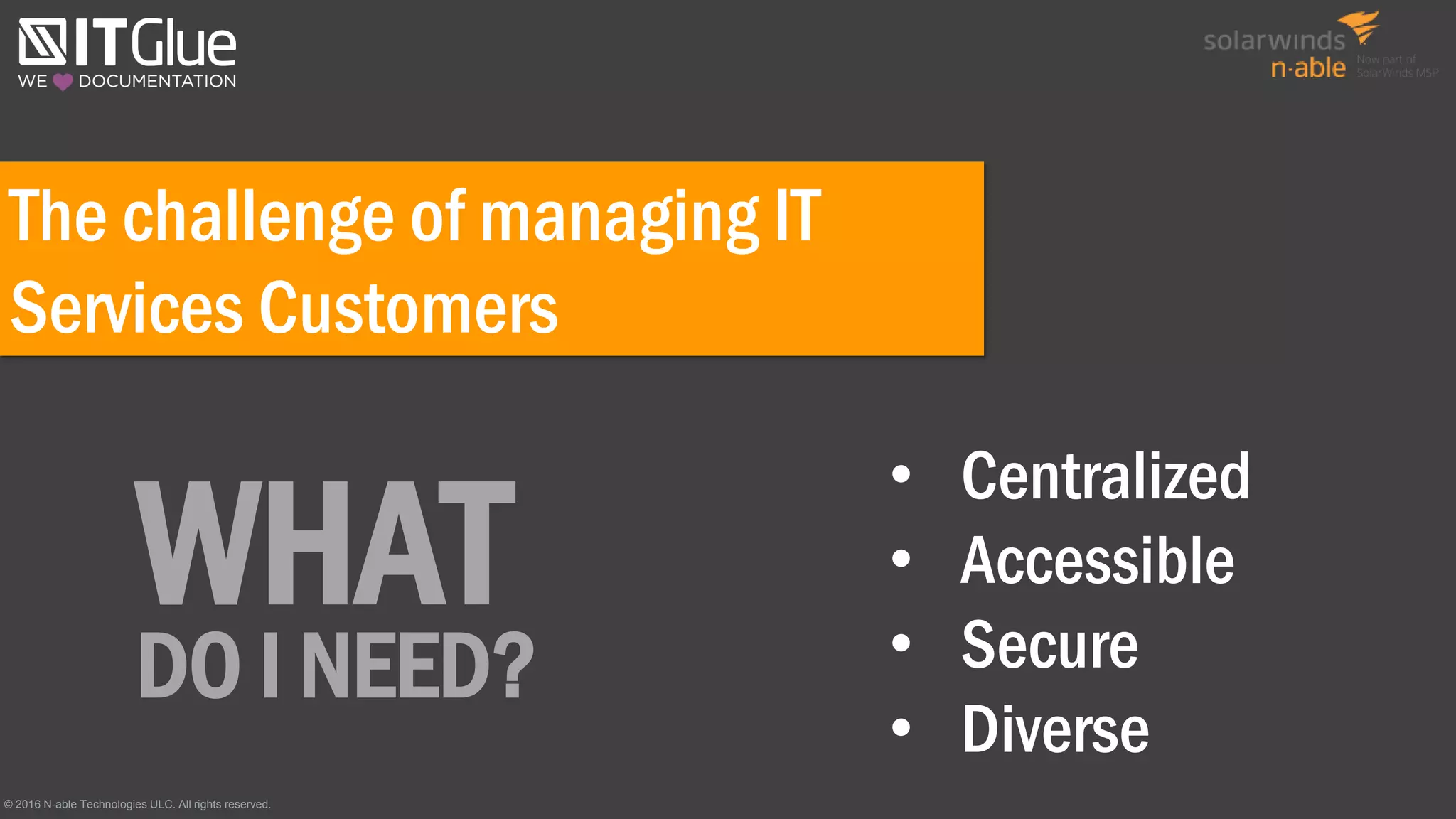 The challenge of managing IT
Services Customers
• Centralized
• Accessible
• Secure
• Diverse
WHAT
DO I NEED?
© 2016 N-able Technologies ULC. All rights reserved.
 