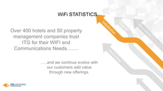…..and we continue evolve with
our customers add value
through new offerings.
Over 400 hotels and 50 property
management companies trust
ITG for their WIFI and
Communications Needs…….
WiFi STATISTICS
 
