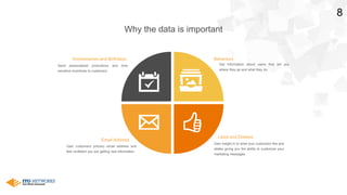 8
Get information about users that tell you
where they go and what they do.
Behaviors
Gain insight in to what your customers like and
dislike giving you the ability to customize your
marketing messages.
Liked and Dislikes
Gain customers primary email address and
feel confident you are getting real information.
Email Address
Send personalized promotions and time
sensitive incentives to customers.
Anniversaries and Birthdays
Why the data is important
 