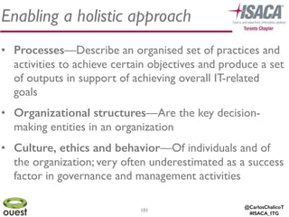 @CarlosChalicoT
#ISACA_ITG
101
Enabling a holistic approach
• Processes—Describe an organised set of practices and
activities to achieve certain objectives and produce a set
of outputs in support of achieving overall IT-related
goals	

• Organizational structures—Are the key decision-
making entities in an organization	

• Culture, ethics and behavior—Of individuals and of
the organization; very often underestimated as a success
factor in governance and management activities
 